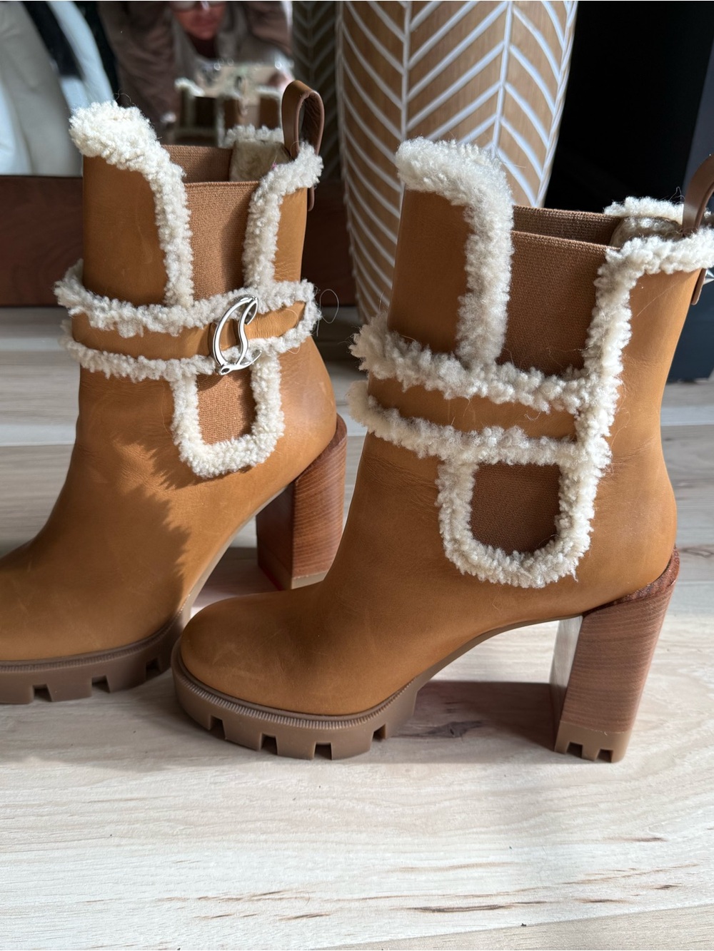 Louis Vuitton Tan Shearling-Trim Block Heel Ankle Boots